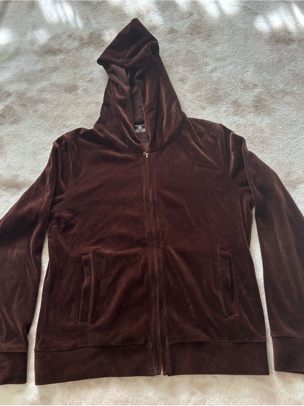Jones New York Women’s Vintage Hoodie Dark Brown Velour Zip-Up Hoodie M